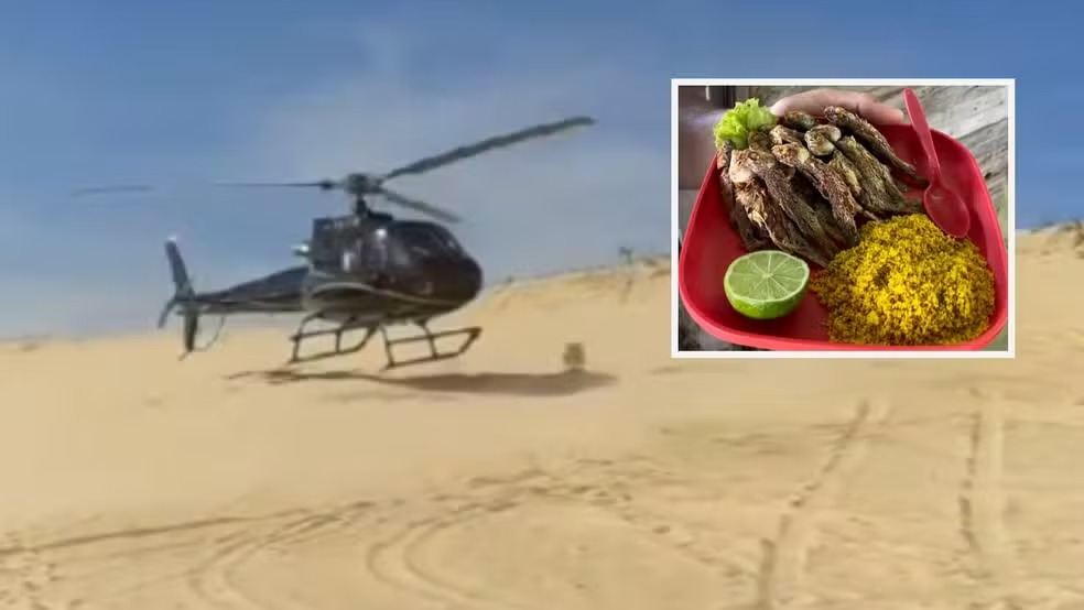 Empresário pousa helicóptero em praia no Ceará para comprar piaba frita